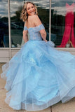 Light Blue Tulle Off-the-Shoulder Tiered A-Line Prom Dress,Graduation Dresses with Ruffles