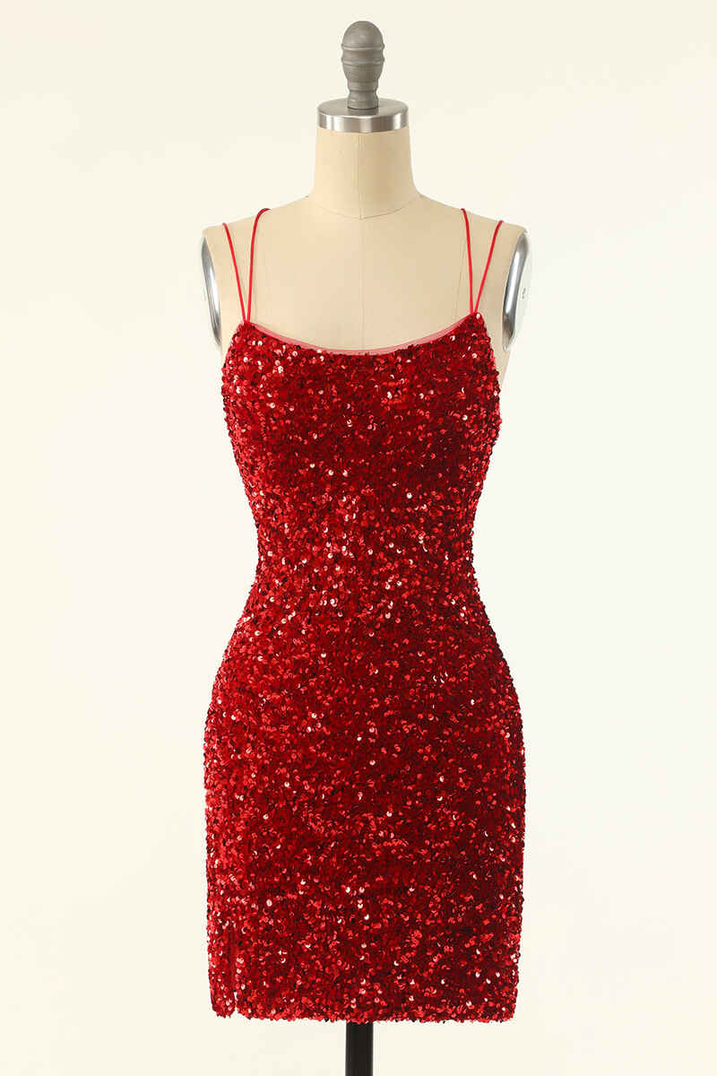 Red Sequin Lace-Up Bodycon Short Homecoming Dresses – jkprom