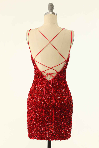 Red Sequin Lace-Up Bodycon Short Homecoming Dresses – jkprom