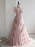 Pink round neck tulle sequin long prom dress, pink tulle formal dress