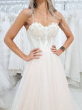 Light champagne tulle lace long prom dress, lace evening dress