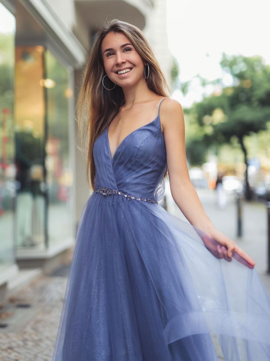 Blue v neck tulle long prom dress, blue tulle evening dress