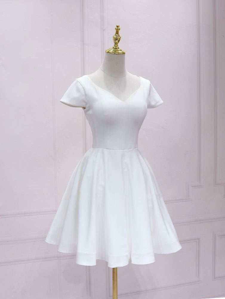 White v neck satin lace short prom dress, white homecoming dress