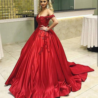 Red Sweetheart Off Shoulder Satin With Appliques Ball Gown Prom Dresses