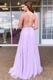 Spaghetti Straps Tulle Lilac Prom Dress,Formal Dresses Backless Formal Evening Dress With Lace