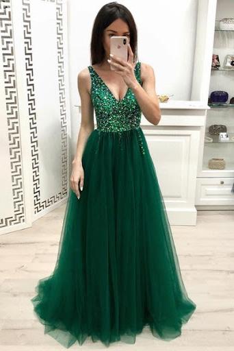 A-line V-neck Dark Green Long Prom Dress Beading Formal Dress