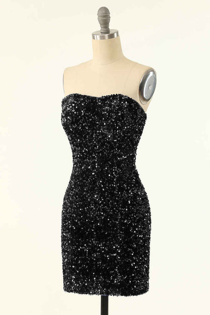 Royal Blue Sequin Strapless Black Mini Homecoming Dress