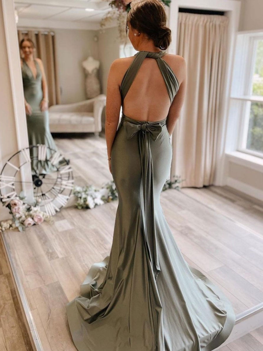 Gray green satin mermaid long prom dress, gray green evening dress