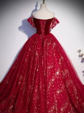 Burgundy tulle sequin long prom dress, burgundy tulle formal dress