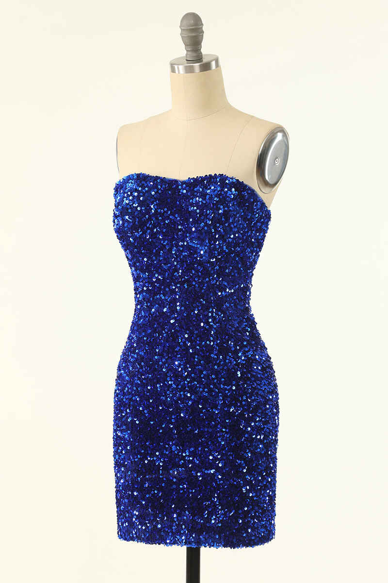 Royal Blue Sequin Strapless Black Mini Homecoming Dress jkprom Royal Blue Sequin Strapless Black Mini Homecoming Dress jkprom