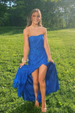 Strapless Royal Blue Lace Prom Dress with Slit,Mermaid Formal Evening Gown