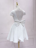 White v neck satin lace short prom dress, white homecoming dress