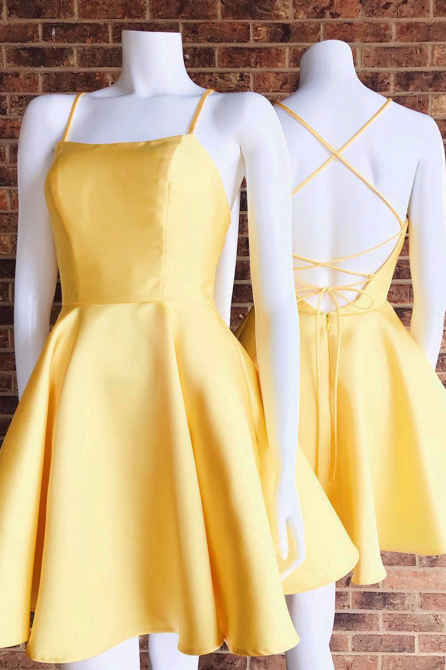 short-satin-Yellow-cocktail-Dresses