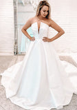 Strapless Plunging V Satin Wedding Dresses with Pockets,Long Bridal Dress with Train