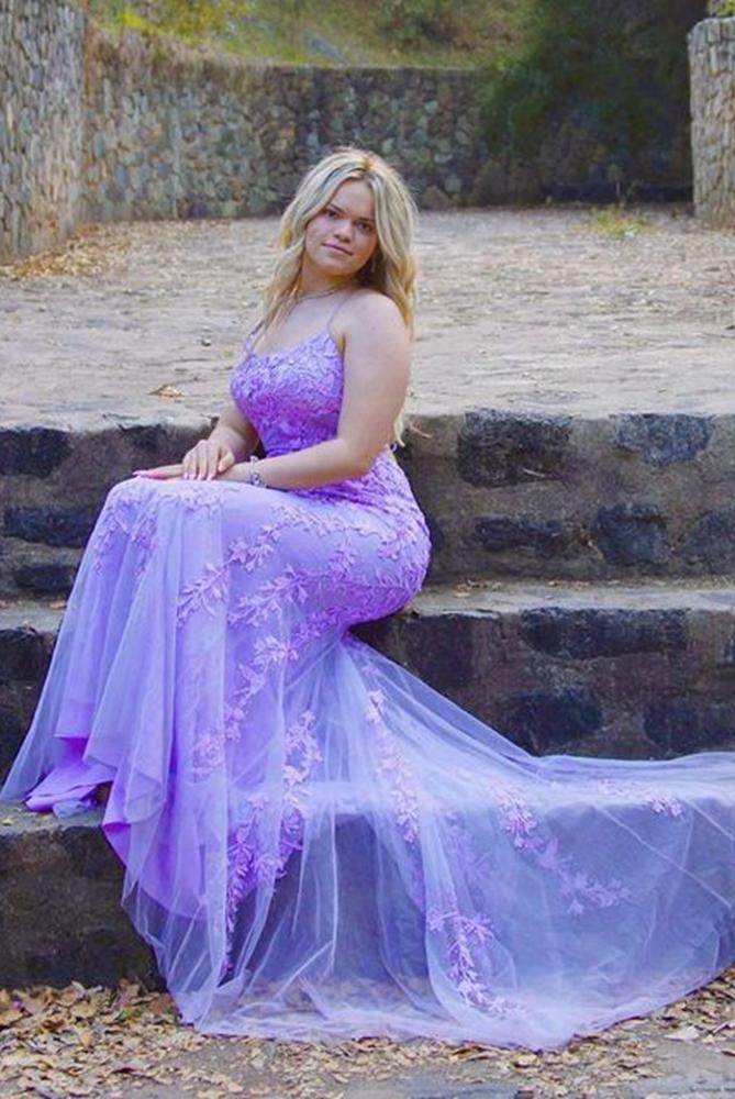 Lilac Mermaid Lace Prom Dresses,Backless Graduation Gown,Formal Dresses Outfits