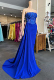 Royal Blue Appliques Strapless Long Formal Gown with Attached Train