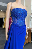 Royal Blue Appliques Strapless Long Formal Gown with Attached Train