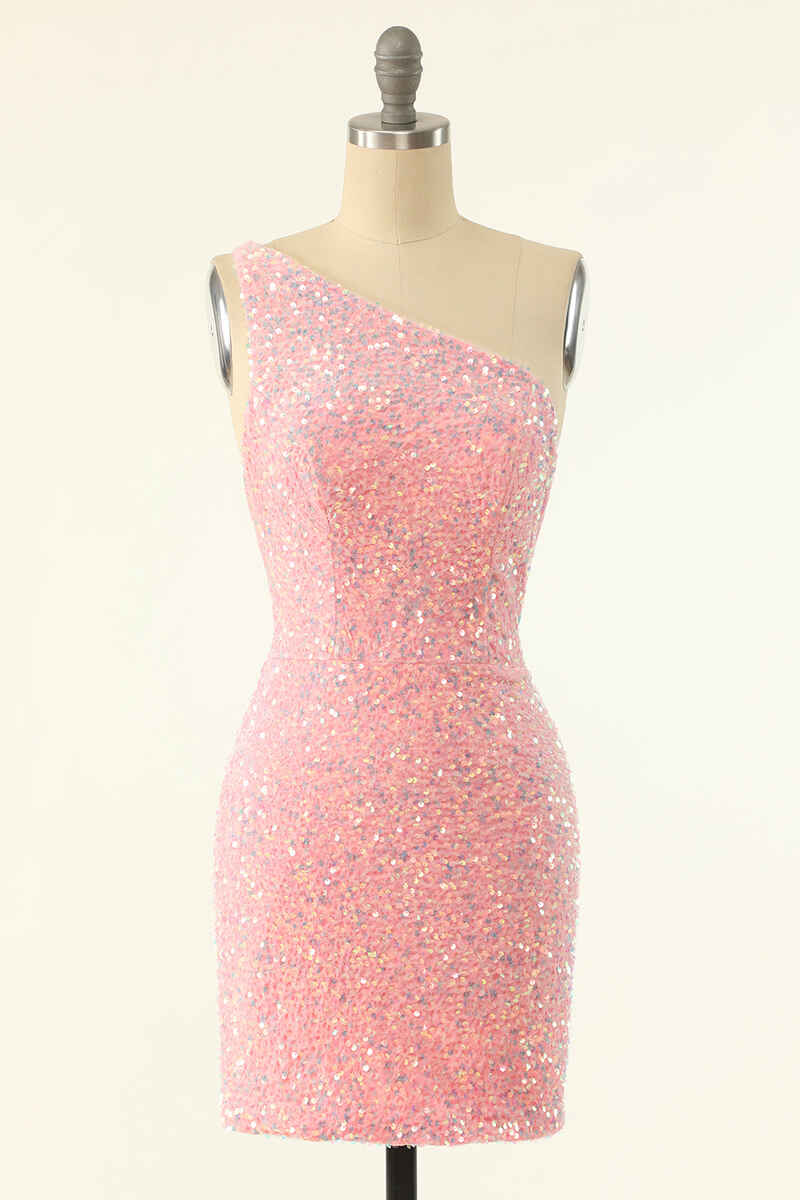 Pink Sequin One-Shoulder Backless Formal Mini Dresses