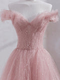 Pink Off Shoulder Tulle Tea Length Prom Dress,Pink Tulle Wedding Party Dresses
