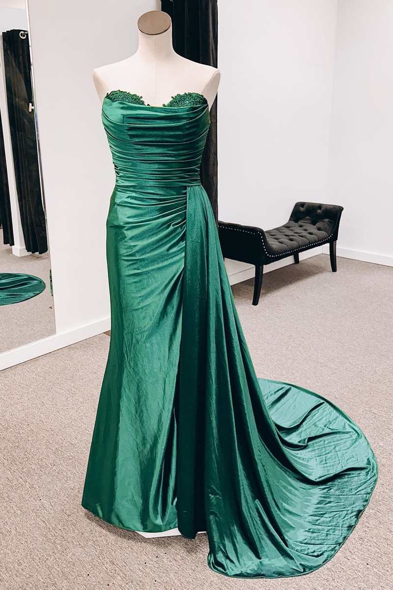 Emerald Green Satin Strapless Long Formal Dresses with Train