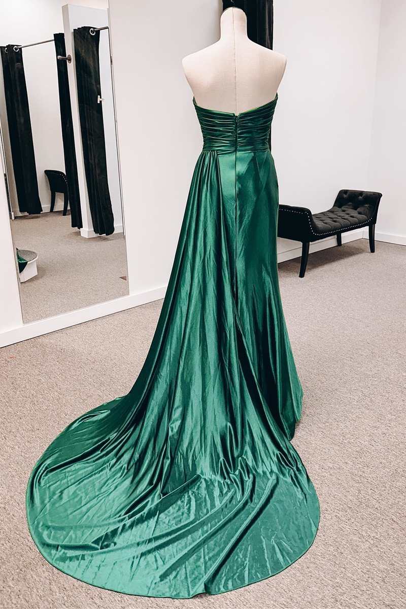 Emerald Green Satin Strapless Long Formal Dresses with Train  jkprom