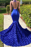 Long Royal Blue Mermaid Prom Dresses V Neck Open Backs