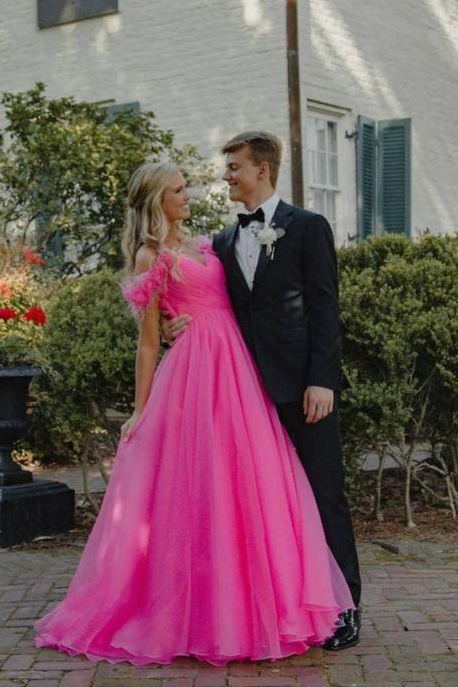 Off the Shoulder Hot Pink Tulle Long Prom Dress Princess Graduation Gown,Long Evening Party Gowns