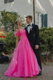 Off the Shoulder Hot Pink Tulle Long Prom Dress Princess Graduation Gown,Long Evening Party Gowns