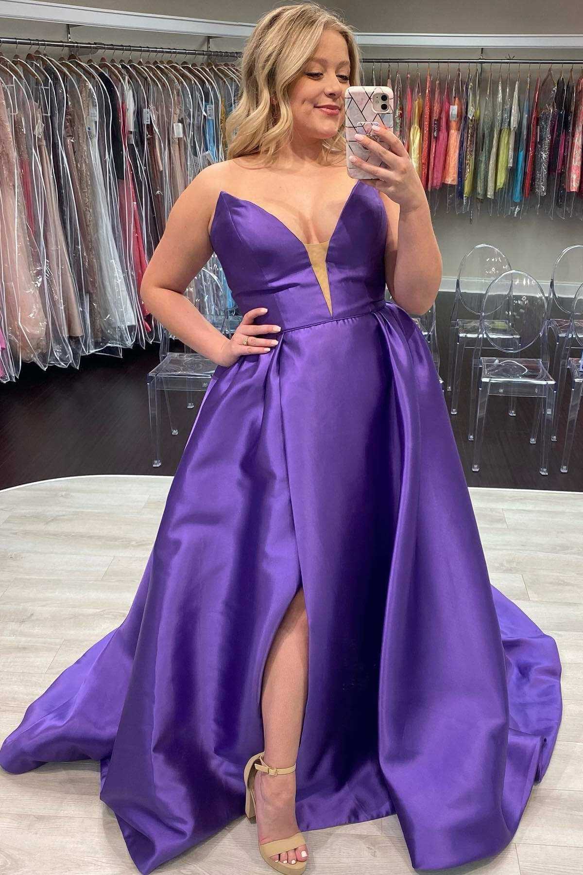 Purple A-Line Prom Dress with Slit,Plus Size Satin Formal Dresses
