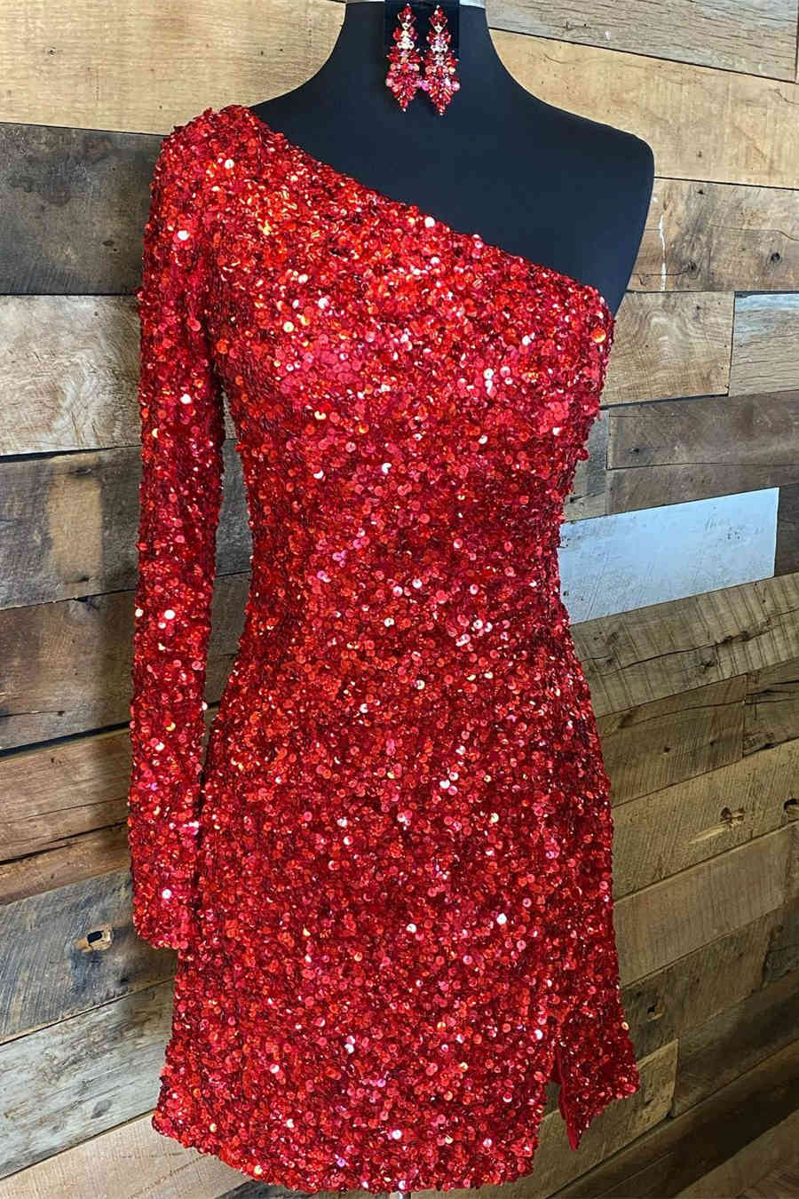 Glitter One Sleeve Red Sequined Homecoming Dress Short – jkprom