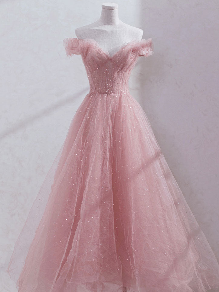 Pink Off Shoulder Tulle Tea Length Prom Dress,Pink Tulle Wedding Party Dresses