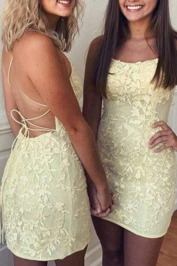 Spaghetti Straps Yellow Lace Homecoming Dresses Short Hoco Dress