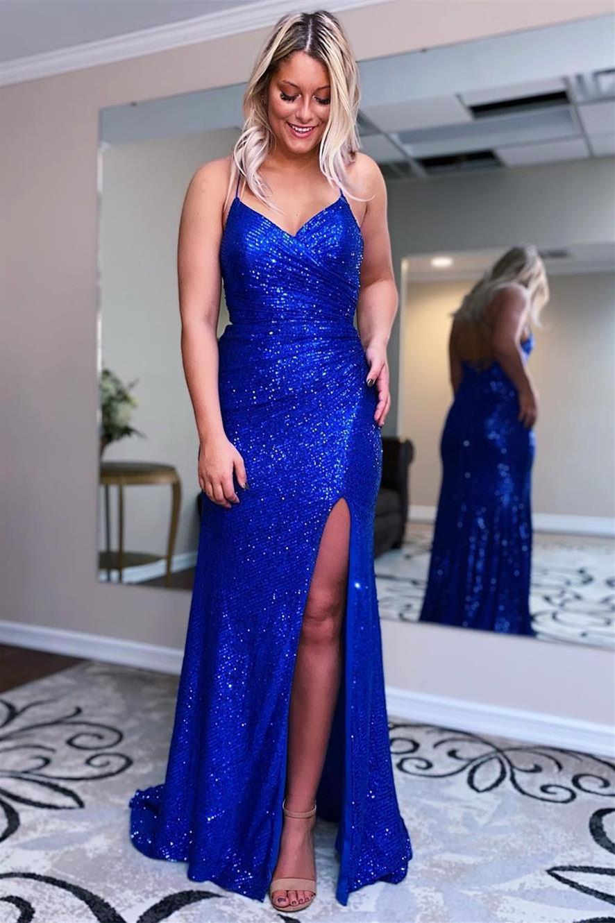 High Slit Blue Sequins Straps Mermaid Evening Gown,Ball Gowns Prom Dresses