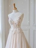 Champagne v neck tulle lace long prom dress, champagne evening dress