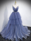 Blue v neck tulle sequin long prom dress, blue evening dress