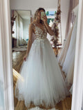 White v neck tulle lace long prom dress, white tulle formal dress