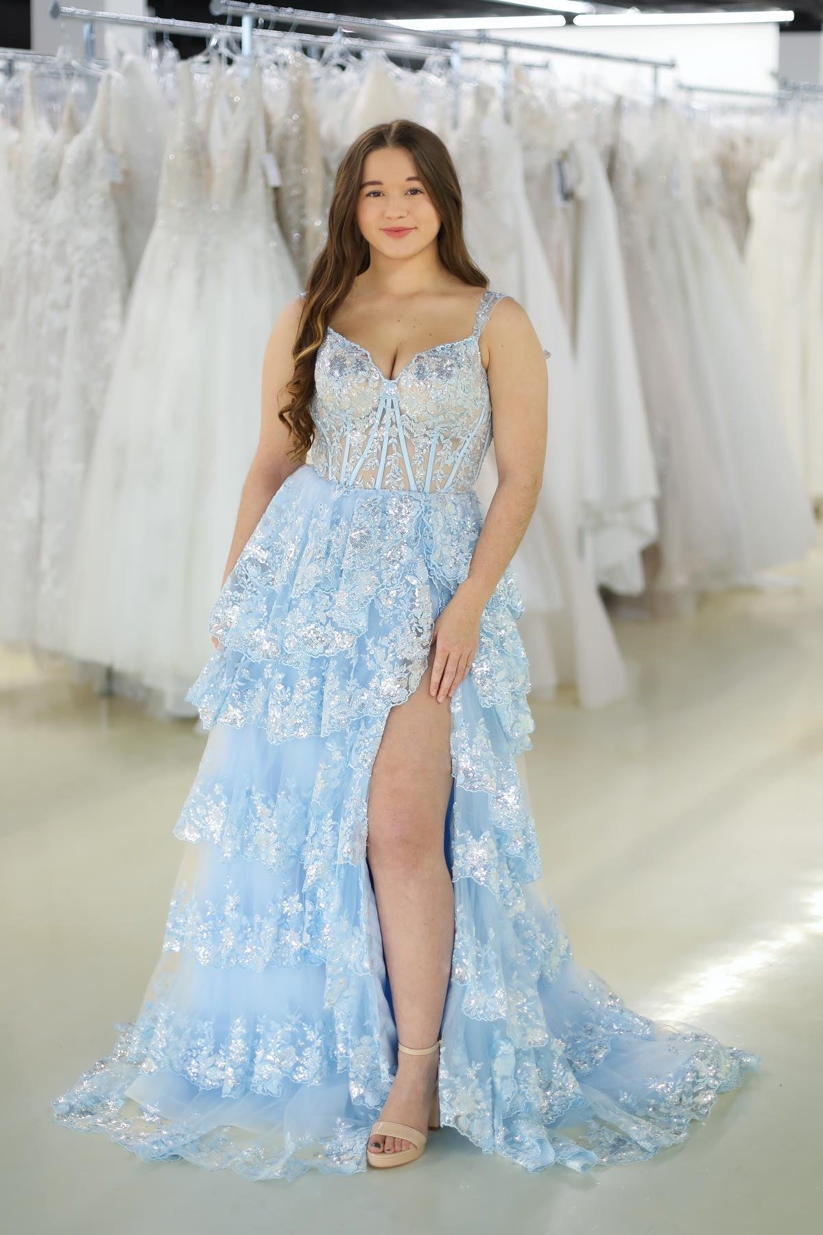 Light Blue Lace Sweetheart Tiered Long Prom Dress with Slit  jkprom
