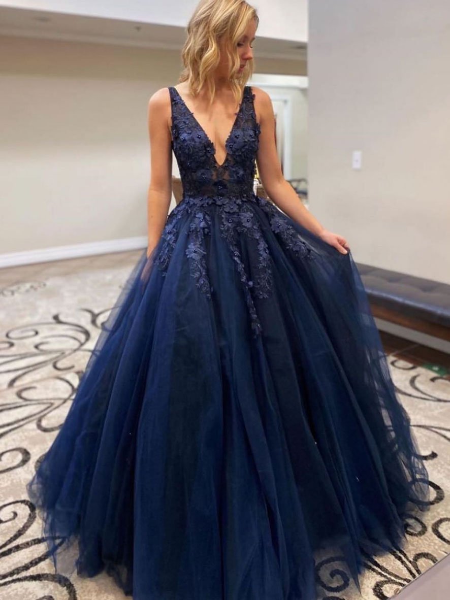 Dark blue v neck lace applique long prom dress lace evening dress
