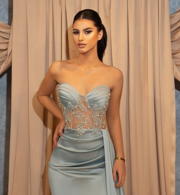 open lace back dress Chiffon Sleeveless V Neck A Line Long Sky Blue Flowy Prom Dress main image 0