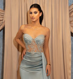 Sexy Long Sky Blue Slit Mermaid Prom Dresses with Ruffles