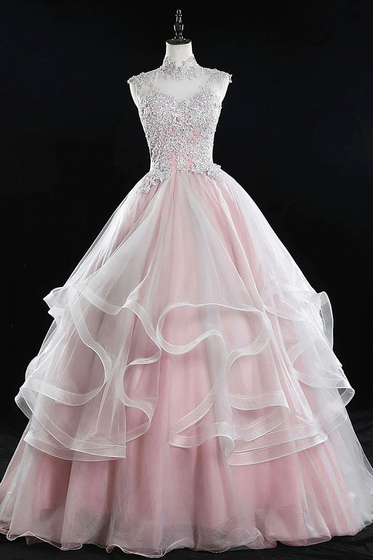 Pink Tulle Lace Sweet 16 Dresses,Long Quinceanera Dresses
