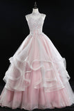 Pink Tulle Lace Sweet 16 Dresses,Long Quinceanera Dresses