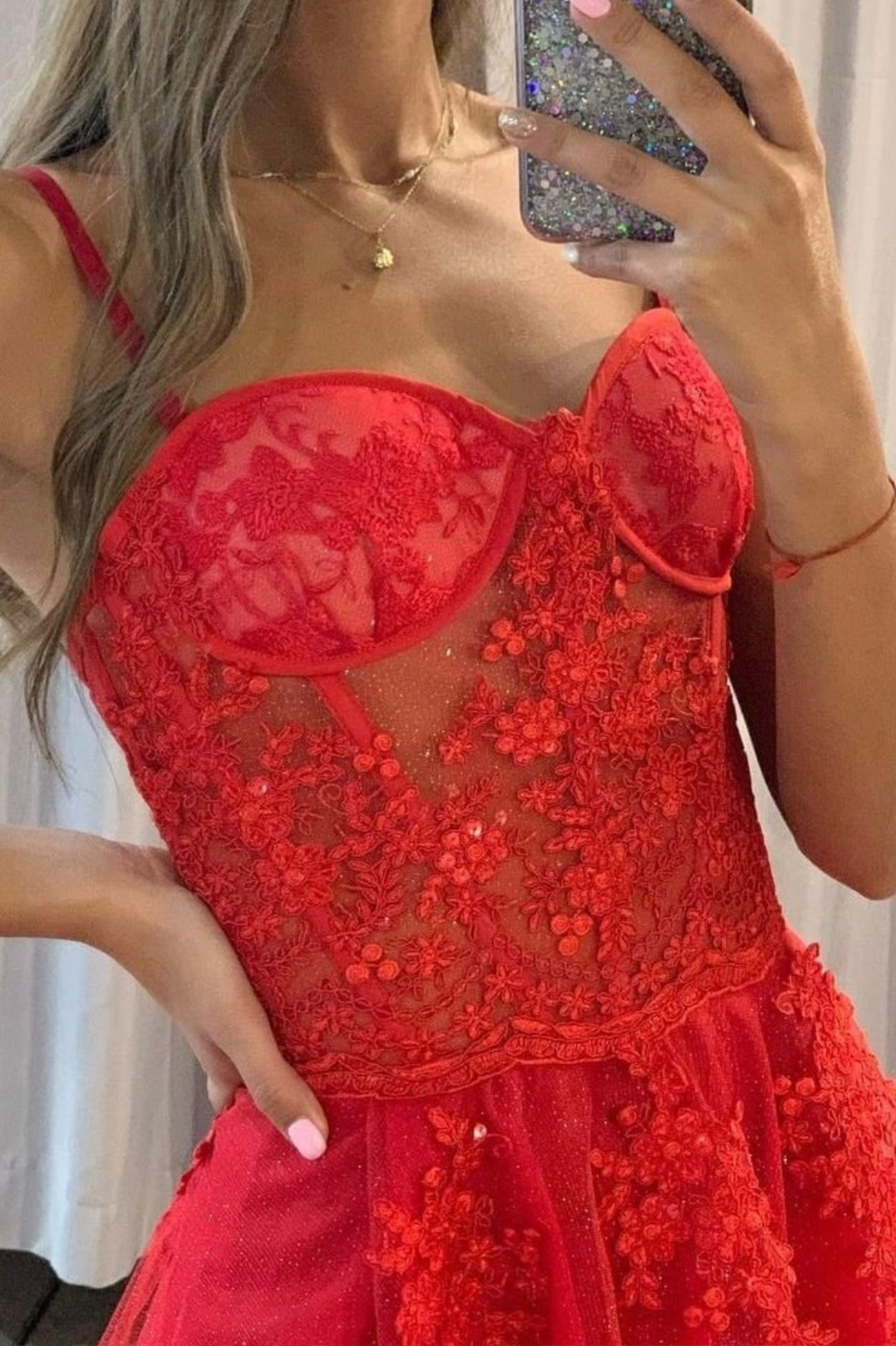 Red Spaghetti Strap Lace Long Prom Dresses,A-Line Evening Dress with Slit