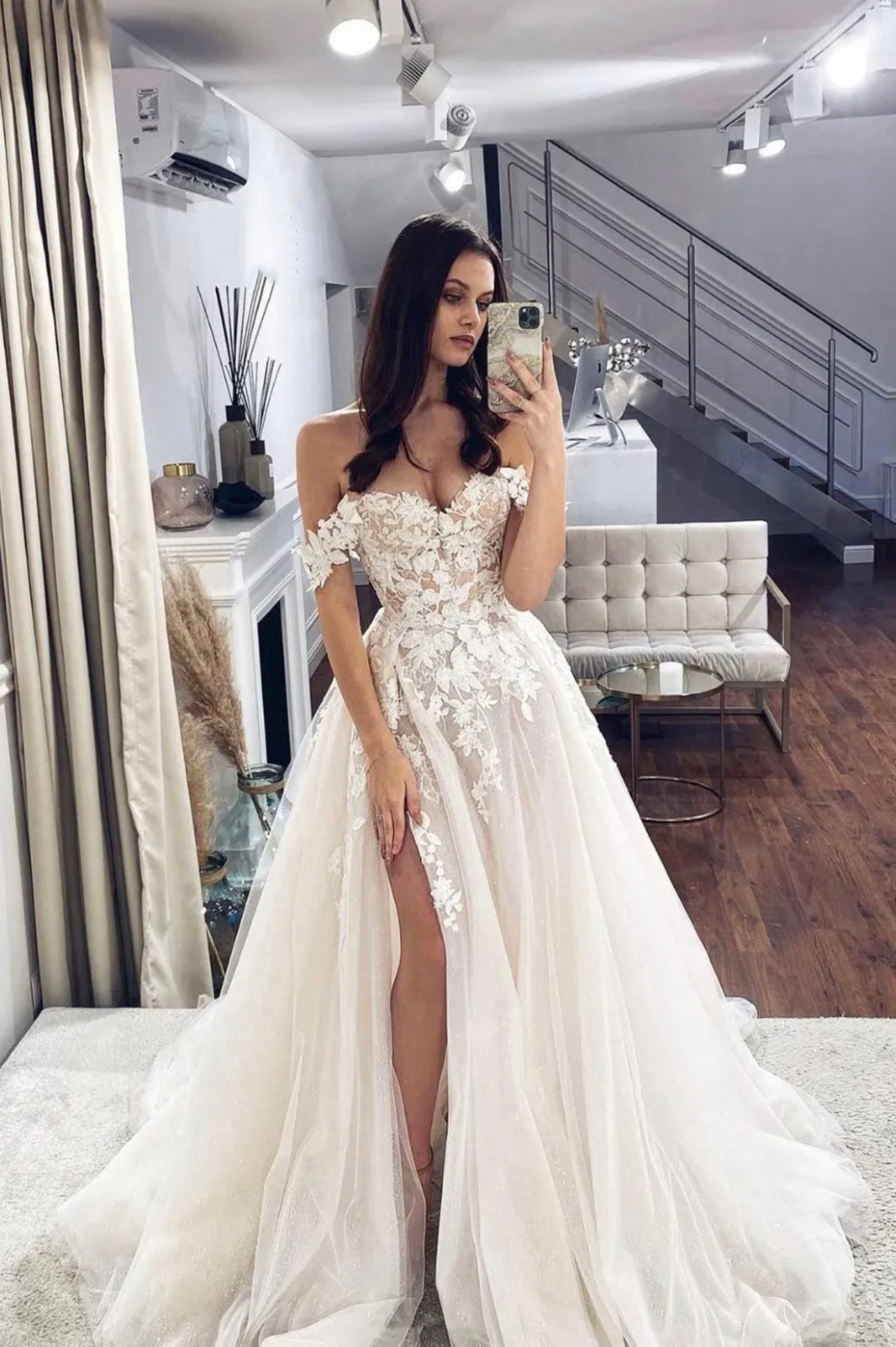 Off the Shoulder Tulle Lace Long Prom Dress,A-Line Evening Dresses with Slit