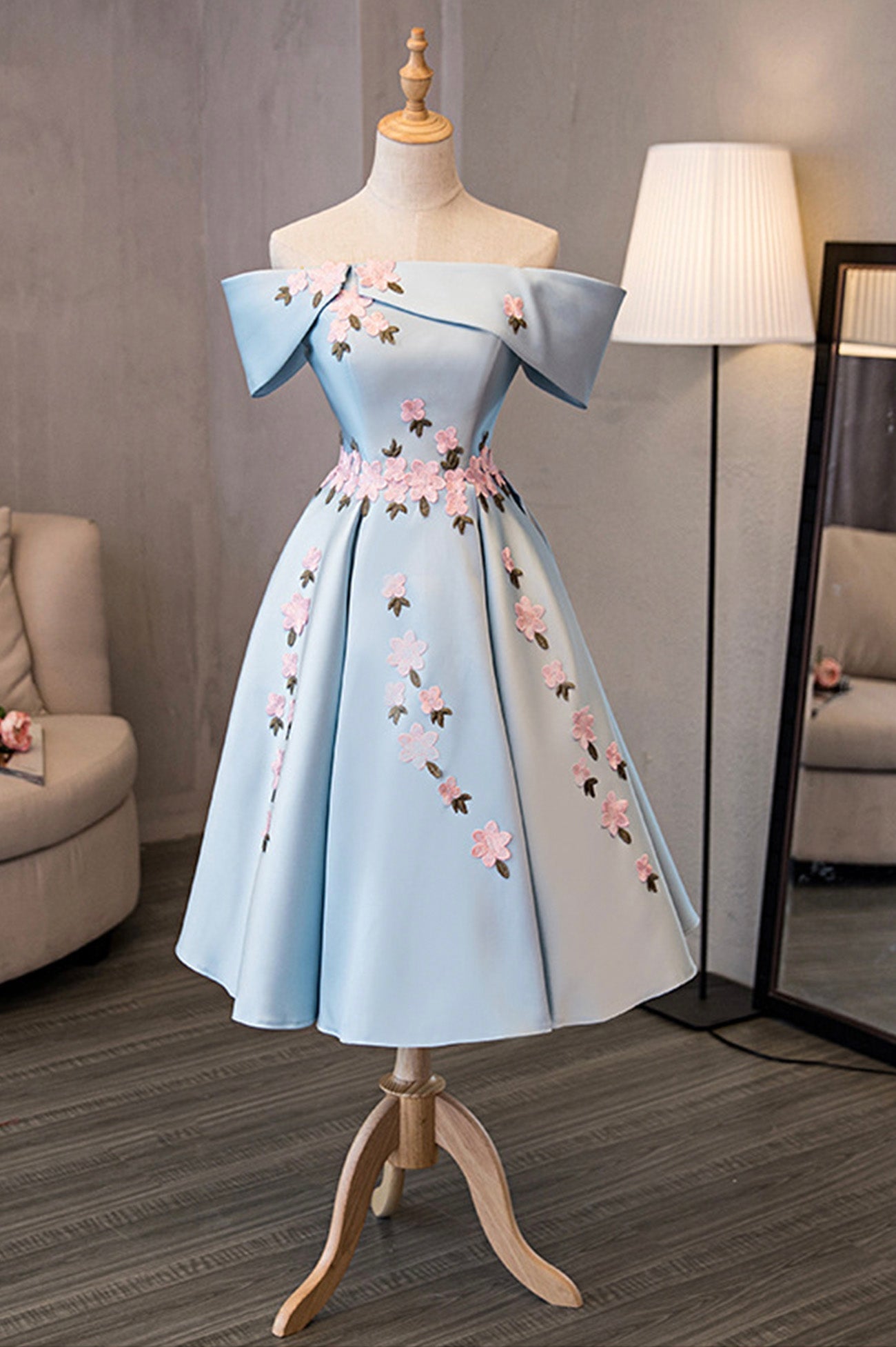 Blue Satin Off the Shoulder Prom Dresses,A-Line Homecoming Dress