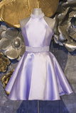 Halter Short Lavender A Line Satin Homecoming Dress with Beading