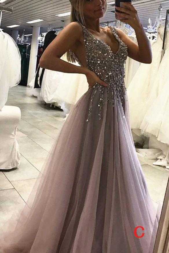 Gray Deep V-neck Side Slit Prom Dresses,Tulle Sleeveless Formal Dress With Sequins and Beads