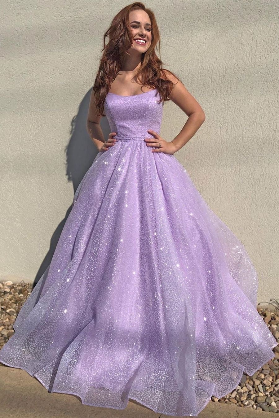 Sparkly Spaghetti Straps Lilac Long Prom Dresses With Sequins,Formal Dress