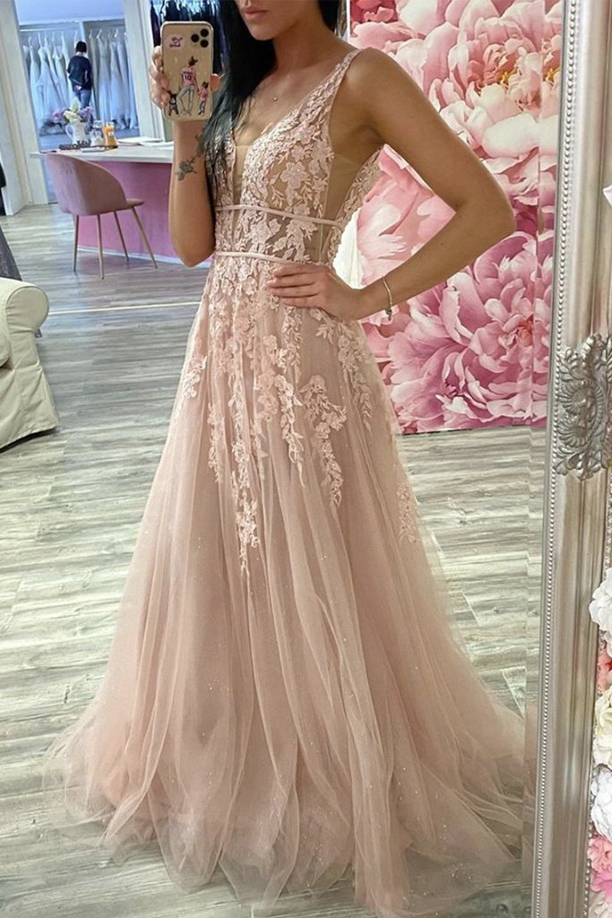 A-line Tulle Lace Appliques Formal Dress Long Sparkle Prom Evening Dresses