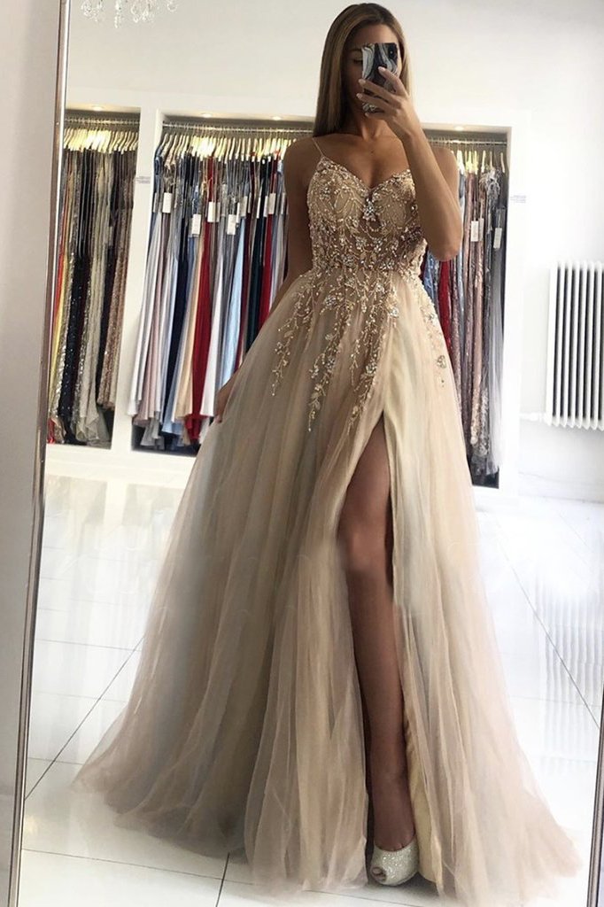 A line V-neck Beads Sleeveless Tulle Long Prom Dress With Slit,Sexy Evening Dress